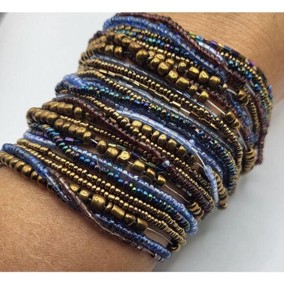 Indonesian Blue Gold Beaded Layered Bangle Bracelet with Wooden Clasp 9in - Picture 1 of 3